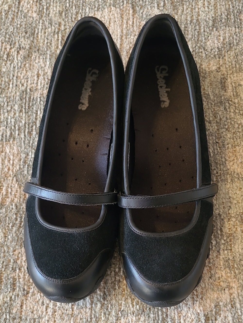 Skechers Bikers Mary Jane Flats Black Leather Suede Slim Strap Hook&Loop Sz 11 - Picture 2 of 10